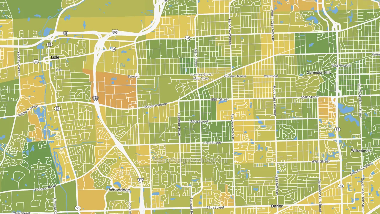Map of the best neighborhoods in the Downers Grove area, with better matches in green and worse matches in red
