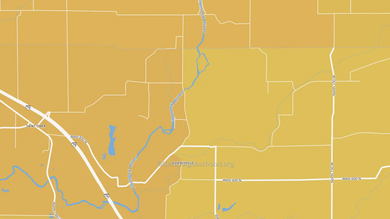 Map of the best neighborhoods in the Downeyville area, with better matches in green and worse matches in red