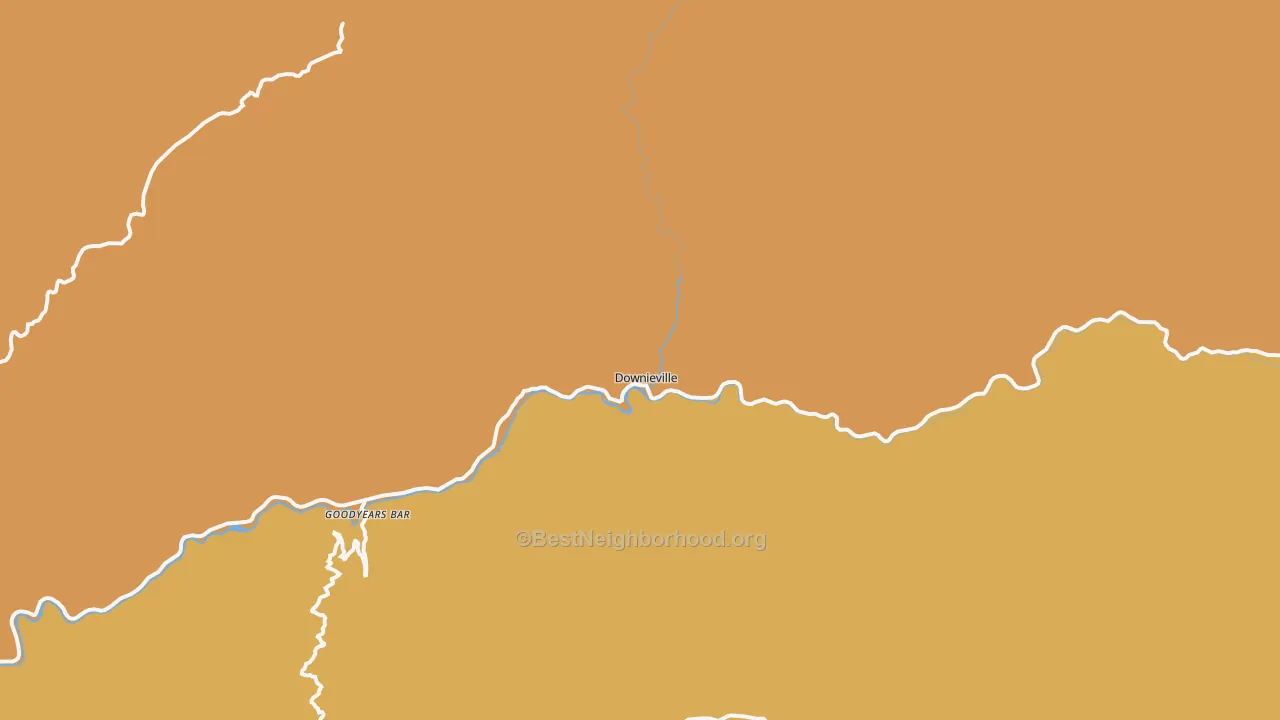 Map of the best neighborhoods in the Downieville area, with better matches in green and worse matches in red