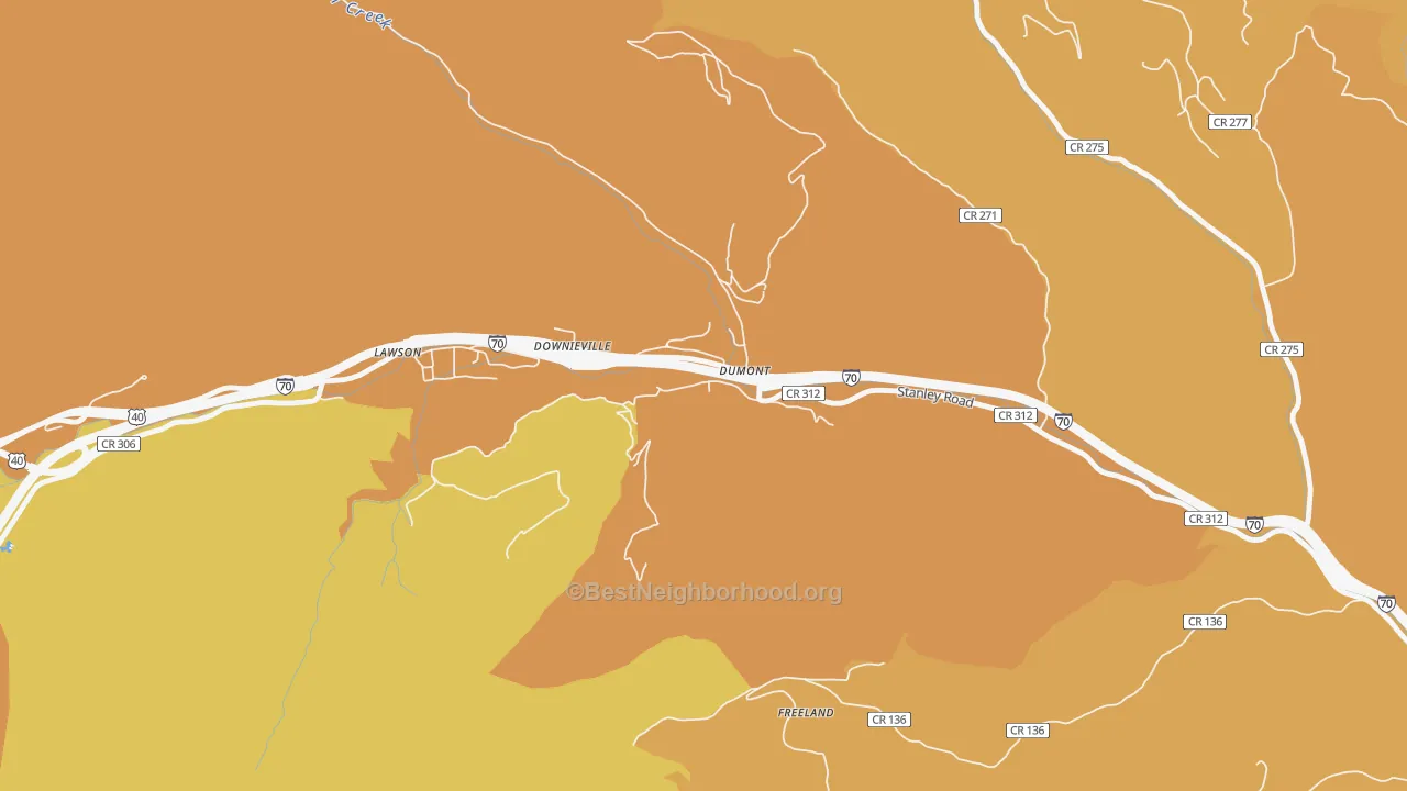 Map of the best neighborhoods in the Downieville-Lawson-Dumont area, with better matches in green and worse matches in red