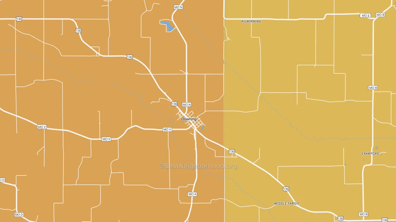 Map of the best neighborhoods in the Downing area, with better matches in green and worse matches in red