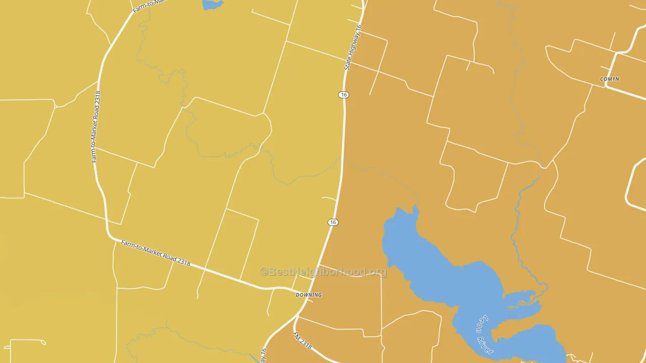 Map of the best neighborhoods in the Downing area, with better matches in green and worse matches in red