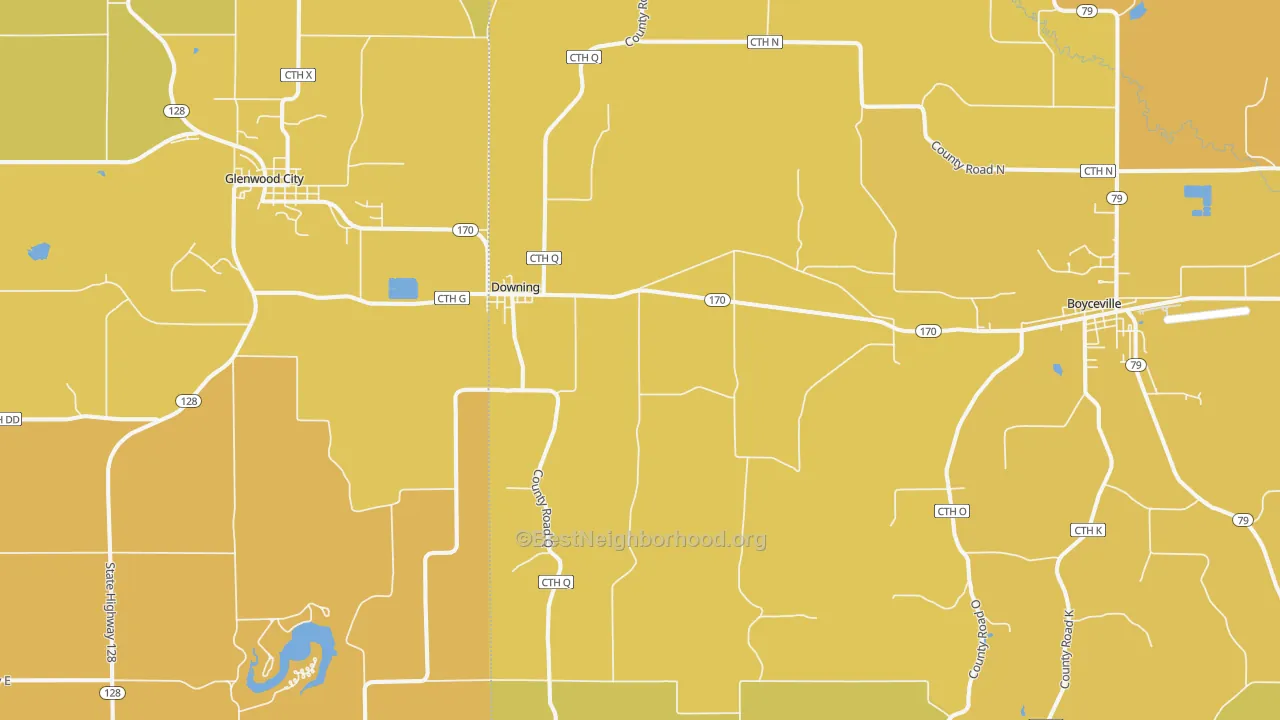 Map of the best neighborhoods in the Downing area, with better matches in green and worse matches in red
