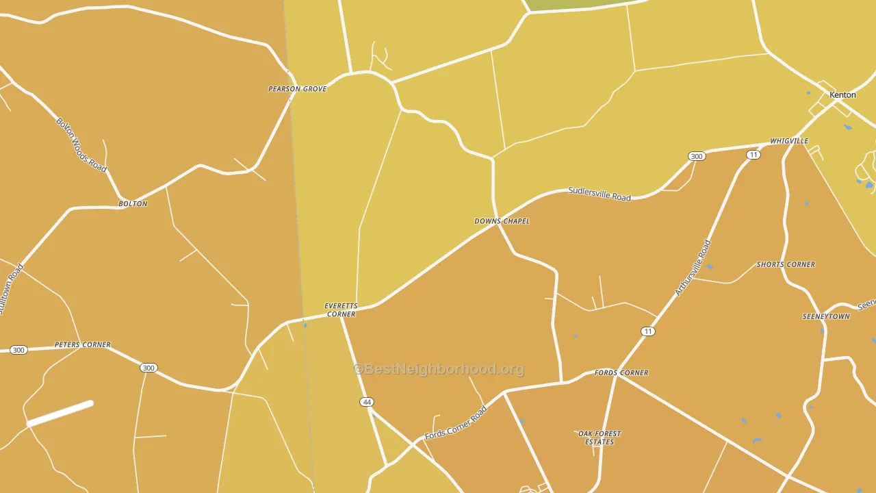 Map of the best neighborhoods in the Downs Chapel area, with better matches in green and worse matches in red