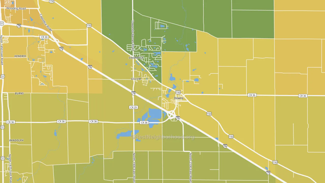 Map of the best neighborhoods in the Downs area, with better matches in green and worse matches in red