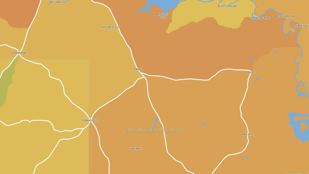Map of the best neighborhoods in the Downsville area, with better matches in green and worse matches in red