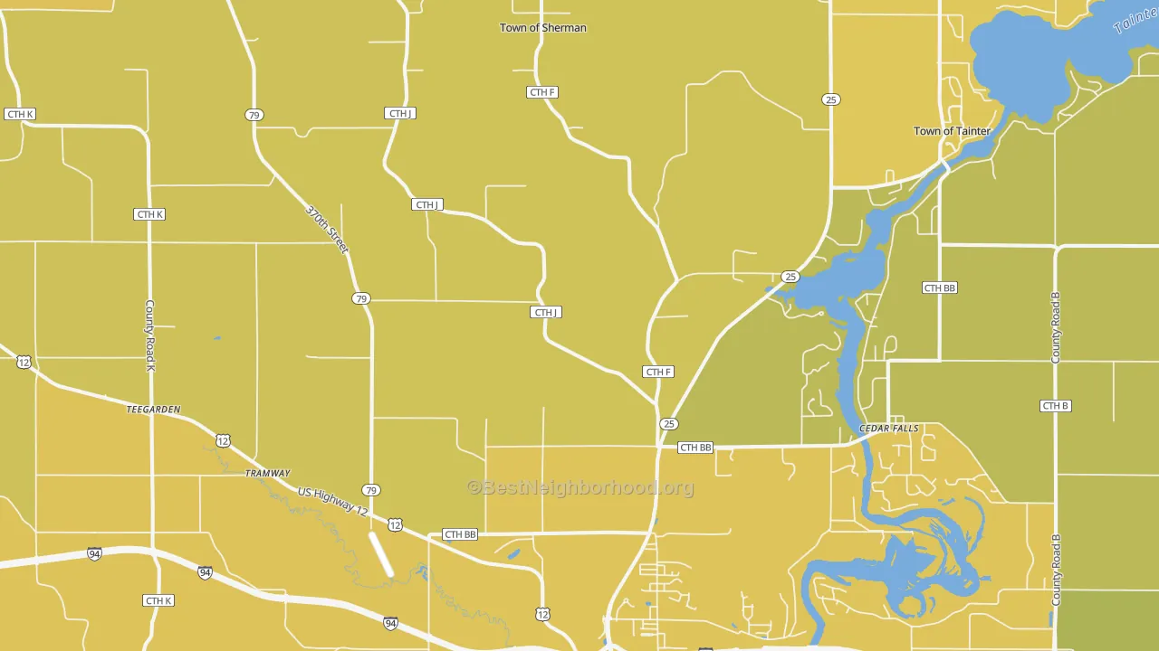 Map of the best neighborhoods in the Downsville area, with better matches in green and worse matches in red