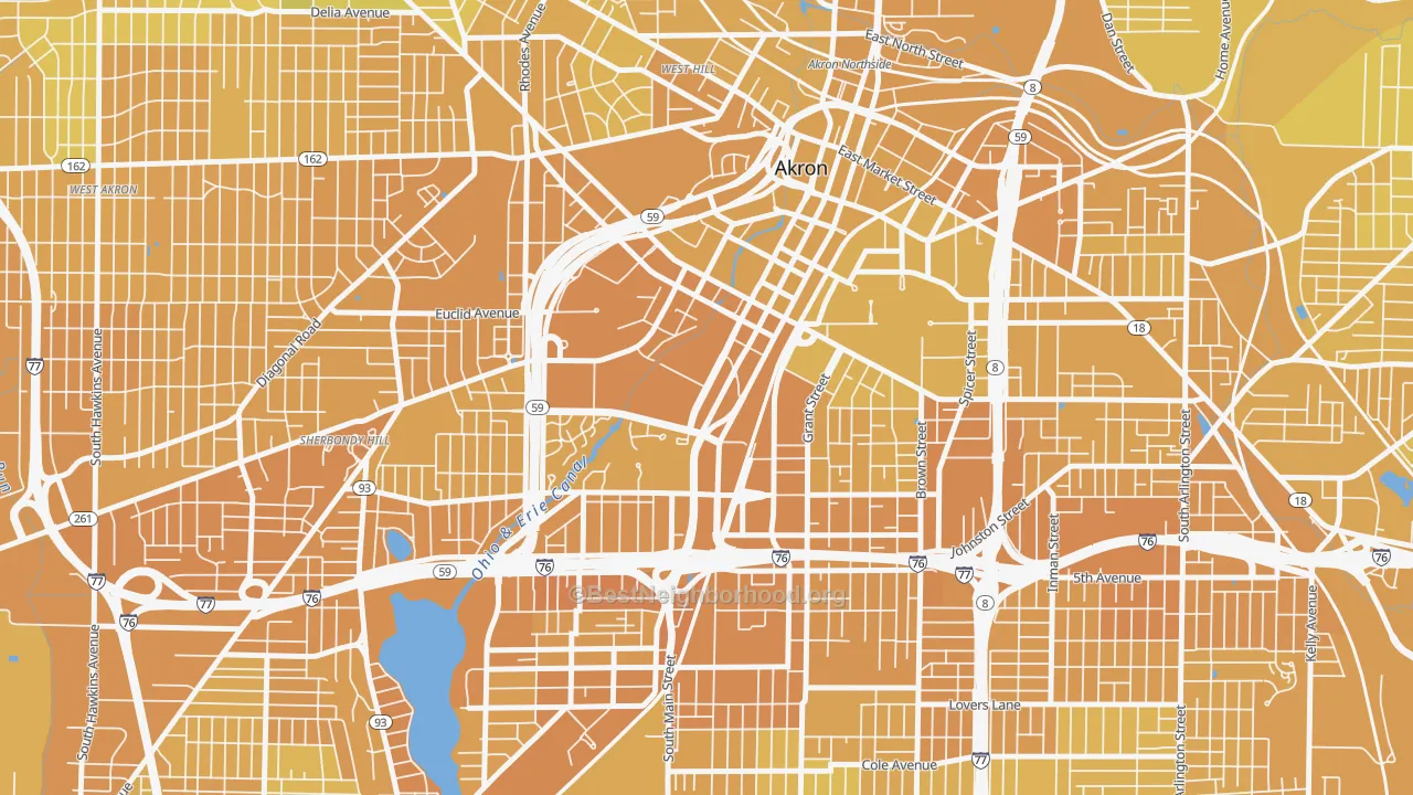 Map of the best neighborhoods in the Downtown Akron, Akron area, with better matches in green and worse matches in red