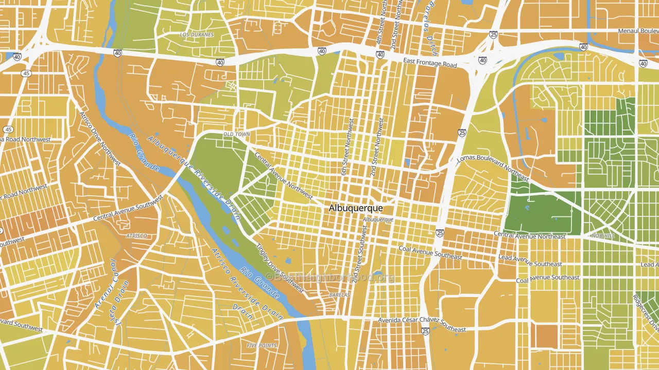 Map of the best neighborhoods in the Downtown, Albuquerque area, with better matches in green and worse matches in red