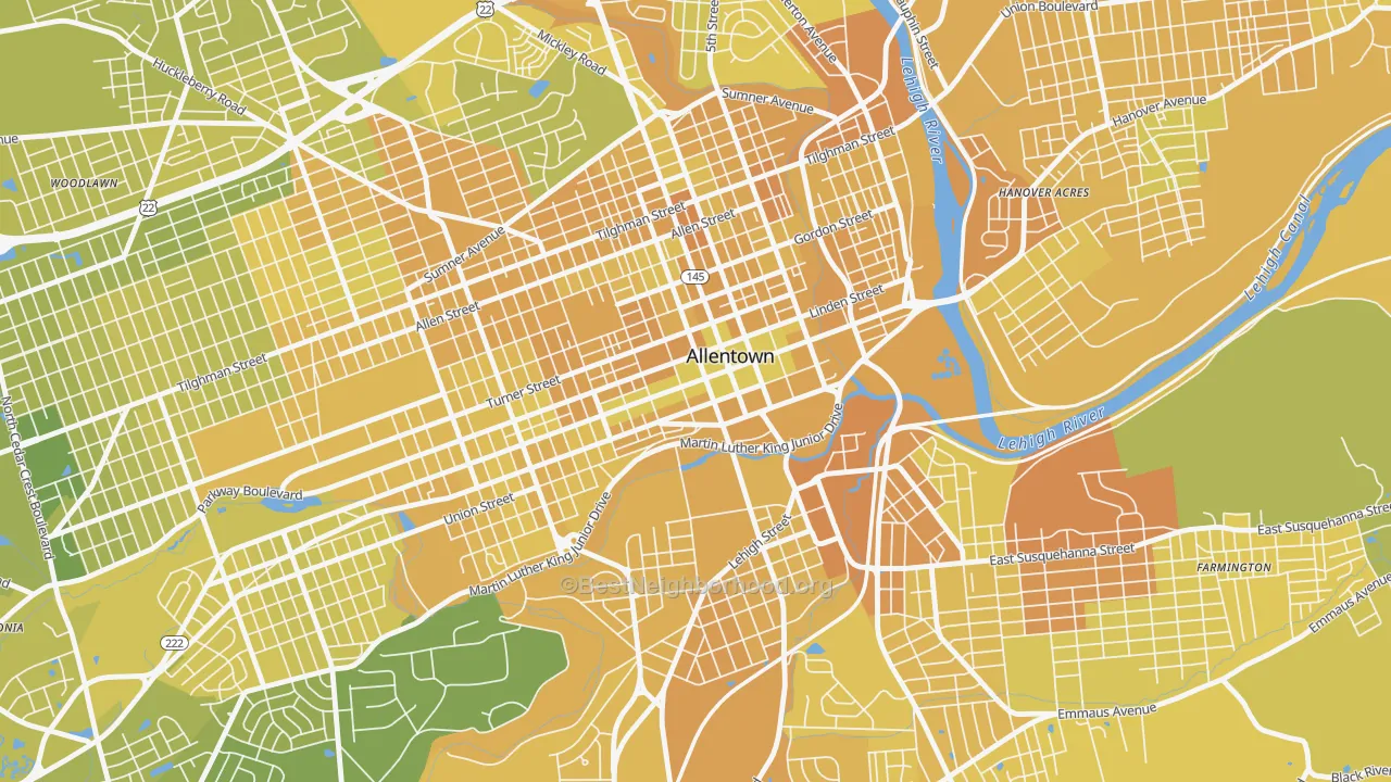 Map of the best neighborhoods in the Downtown, Allentown area, with better matches in green and worse matches in red