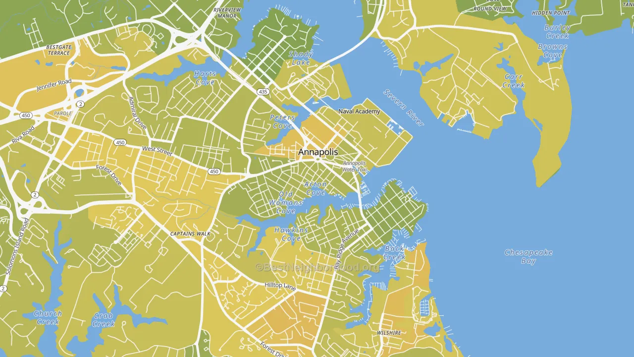 Map of the best neighborhoods in the Downtown Annapolis, Annapolis area, with better matches in green and worse matches in red