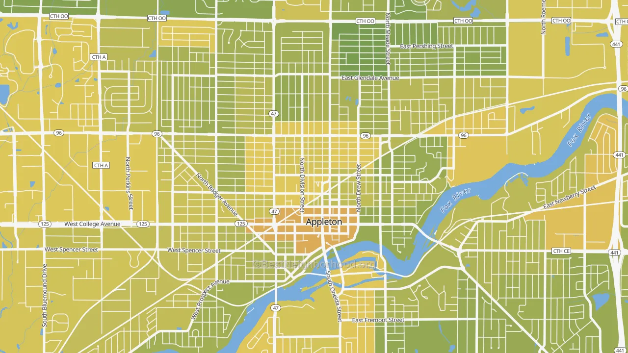Map of the best neighborhoods in the Downtown Appleton, Appleton area, with better matches in green and worse matches in red