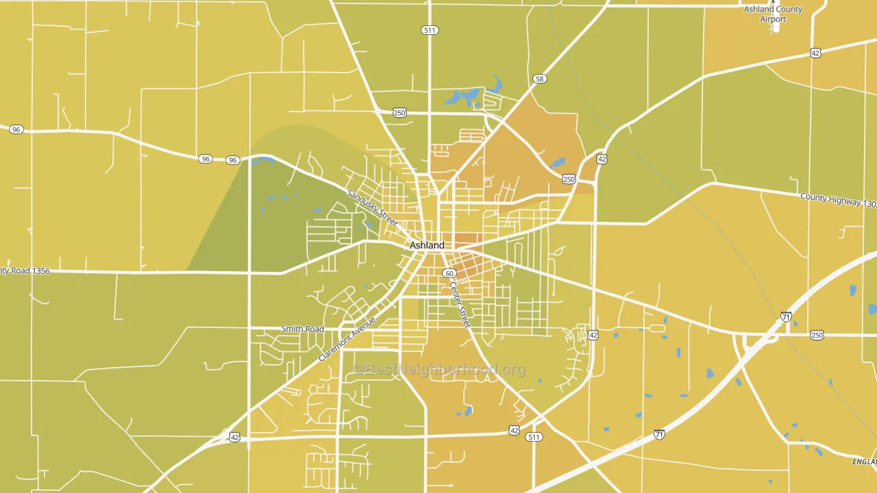 Map of the best neighborhoods in the Downtown Ashland, Ashland area, with better matches in green and worse matches in red