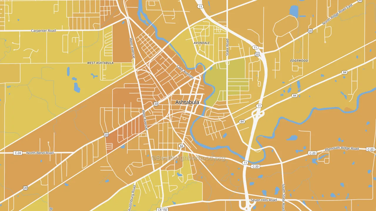 Map of the best neighborhoods in the Downtown Ashtabula, Ashtabula area, with better matches in green and worse matches in red