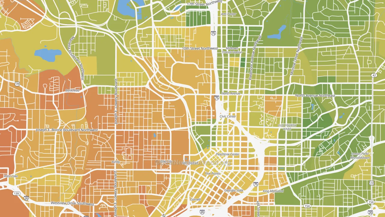 Map of the best neighborhoods in the Downtown, Atlanta area, with better matches in green and worse matches in red