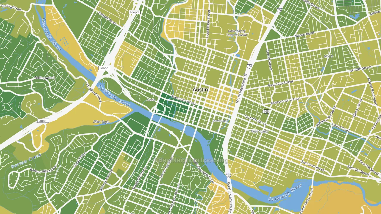 Map of the best neighborhoods in the Downtown Austin, Austin area, with better matches in green and worse matches in red
