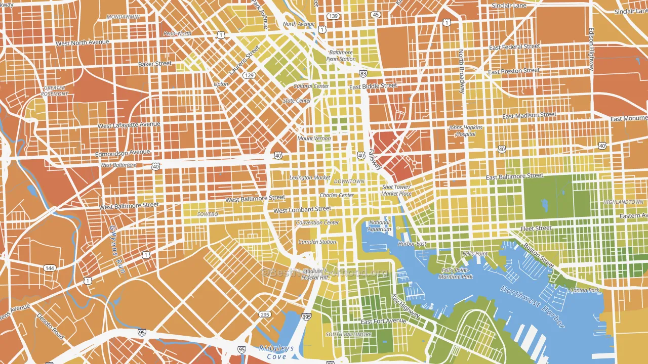 Map of the best neighborhoods in the Downtown, Baltimore area, with better matches in green and worse matches in red