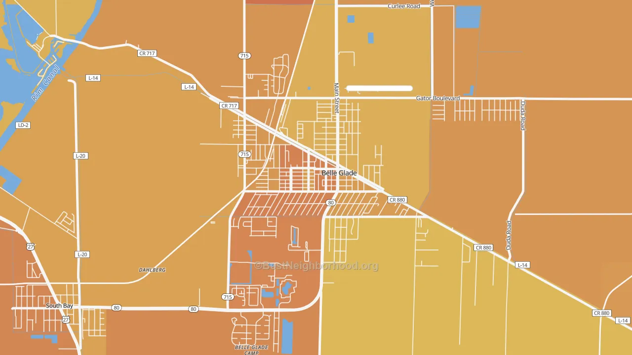 Map of the best neighborhoods in the Downtown Belle Glade, Belle Glade area, with better matches in green and worse matches in red