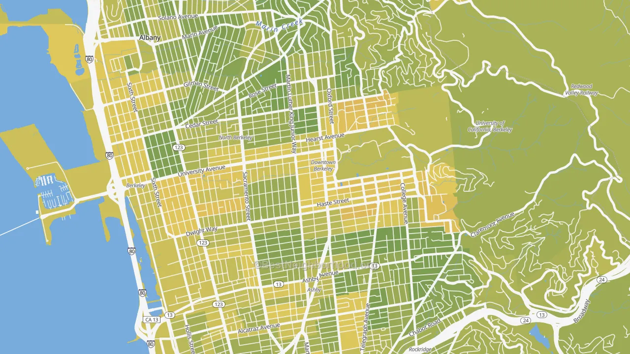 Map of the best neighborhoods in the Downtown Berkeley, Berkeley area, with better matches in green and worse matches in red