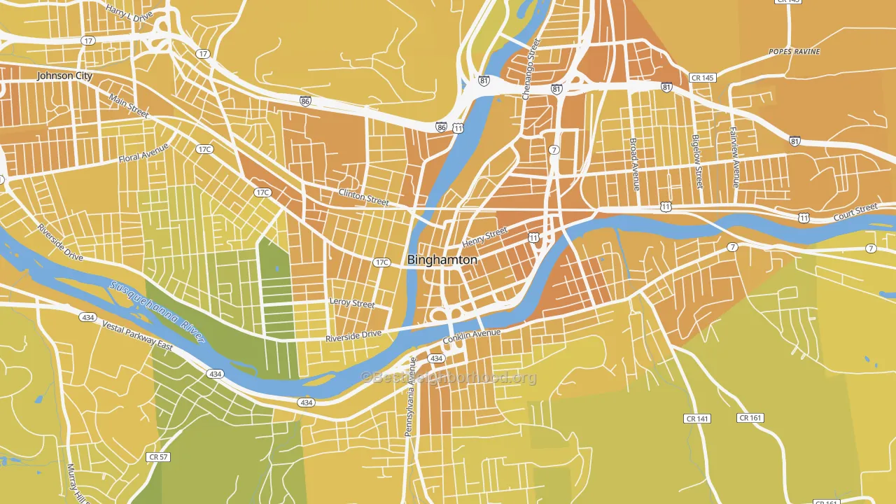 Map of the best neighborhoods in the Downtown Binghamton, Binghamton area, with better matches in green and worse matches in red