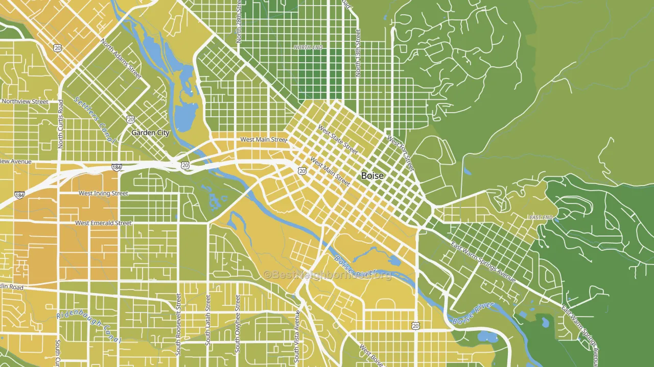 Map of the best neighborhoods in the Downtown, Boise area, with better matches in green and worse matches in red