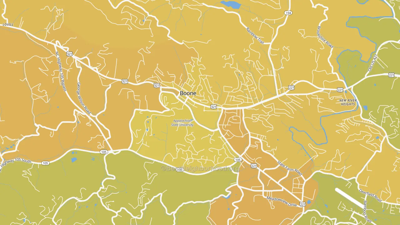 Map of the best neighborhoods in the Downtown Boone, Boone area, with better matches in green and worse matches in red