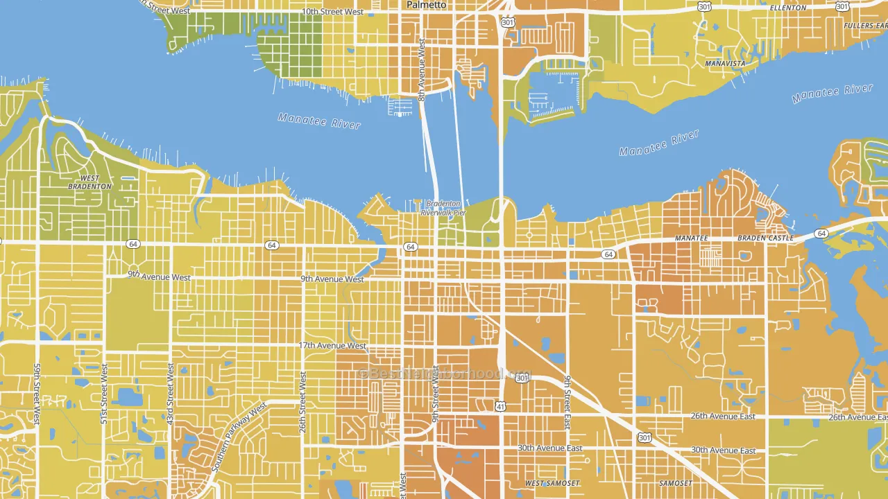Map of the best neighborhoods in the Downtown Bradenton, Bradenton area, with better matches in green and worse matches in red