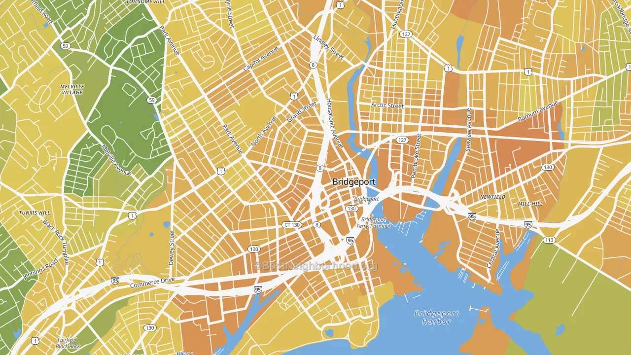 Map of the best neighborhoods in the Downtown Bridgeport, Bridgeport area, with better matches in green and worse matches in red
