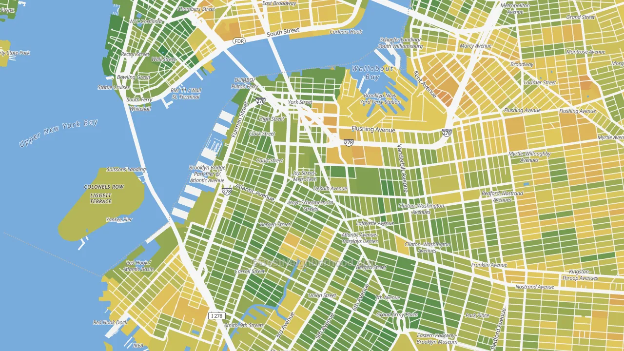 Map of the best neighborhoods in the Downtown Brooklyn, Brooklyn area, with better matches in green and worse matches in red