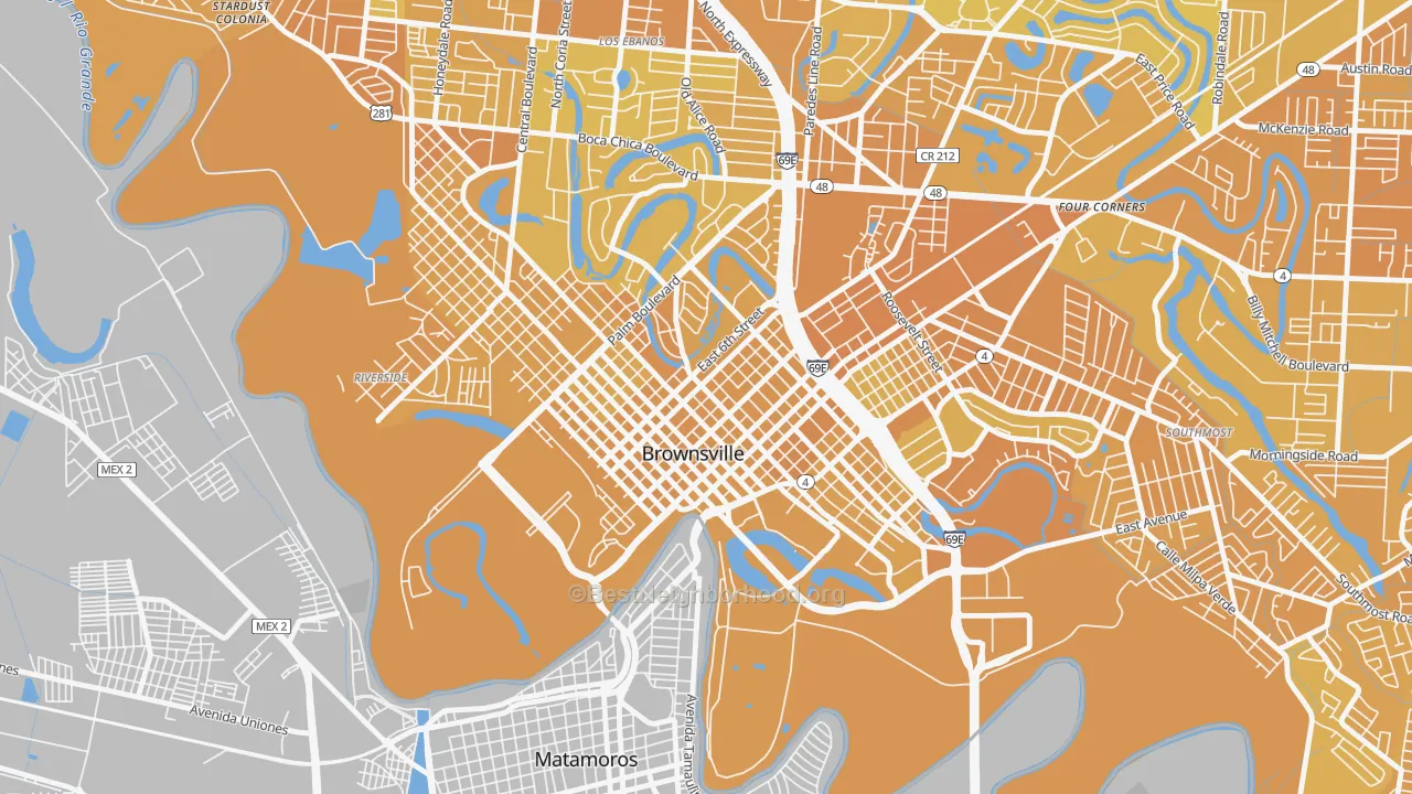 Map of the best neighborhoods in the Downtown Brownsville, Brownsville area, with better matches in green and worse matches in red