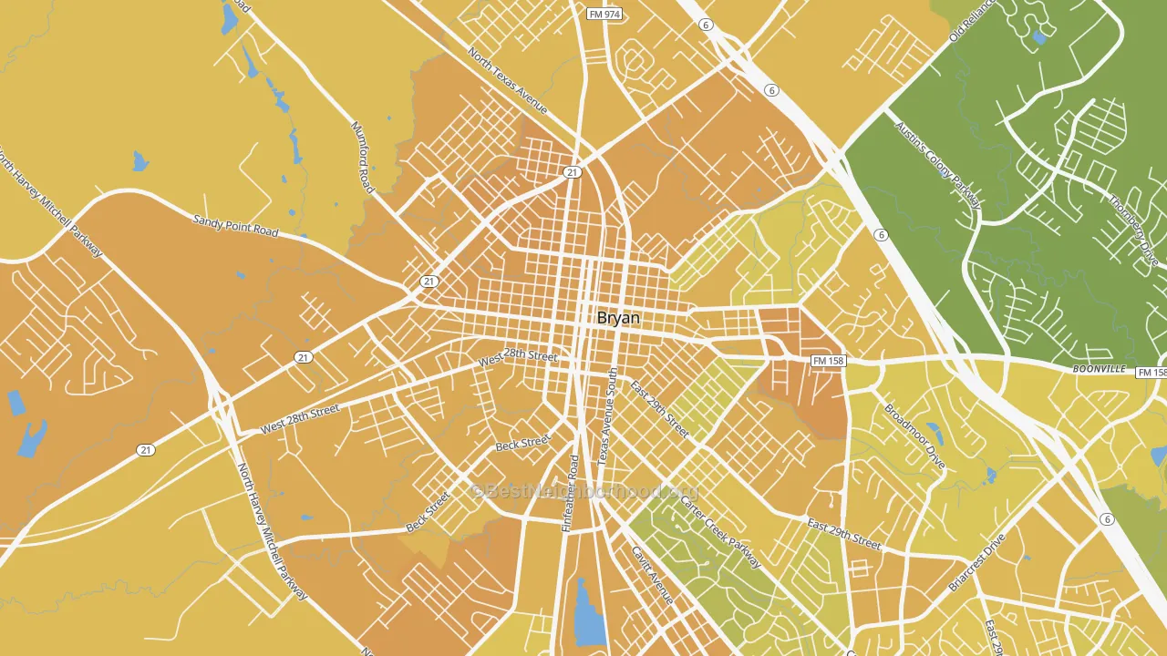 Map of the best neighborhoods in the Downtown Bryan, Bryan area, with better matches in green and worse matches in red