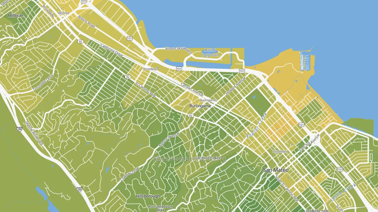 Map of the best neighborhoods in the Downtown Burlingame, Burlingame area, with better matches in green and worse matches in red