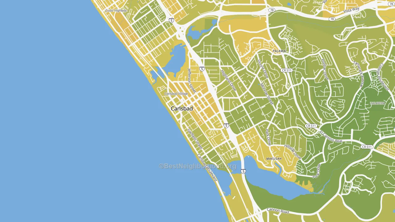 Map of the best neighborhoods in the Downtown Carlsbad, Carlsbad area, with better matches in green and worse matches in red