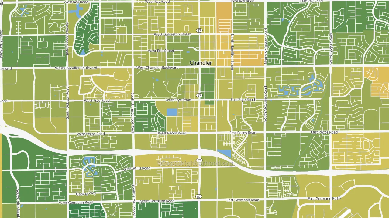 Map of the best neighborhoods in the Downtown Chandler, Chandler area, with better matches in green and worse matches in red