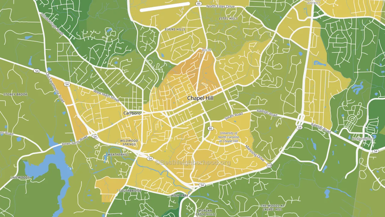 Map of the best neighborhoods in the Downtown Chapel Hill, Chapel Hill area, with better matches in green and worse matches in red