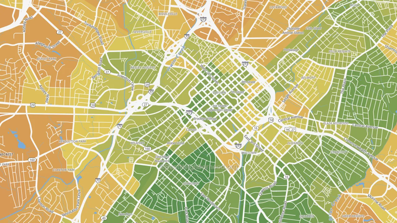 Map of the best neighborhoods in the Downtown Charlotte, Charlotte area, with better matches in green and worse matches in red
