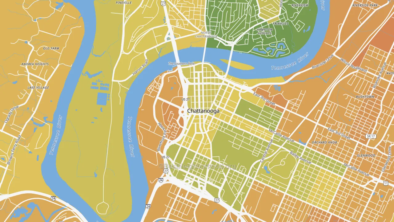 Map of the best neighborhoods in the Downtown Chattanooga, Chattanooga area, with better matches in green and worse matches in red