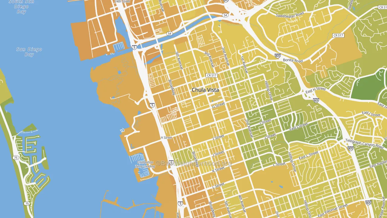 Map of the best neighborhoods in the Downtown Chula Vista, Chula Vista area, with better matches in green and worse matches in red