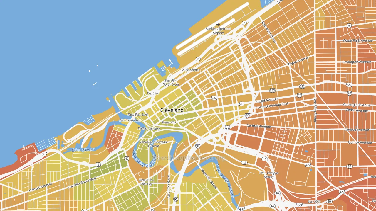 Map of the best neighborhoods in the Downtown Cleveland, Cleveland area, with better matches in green and worse matches in red