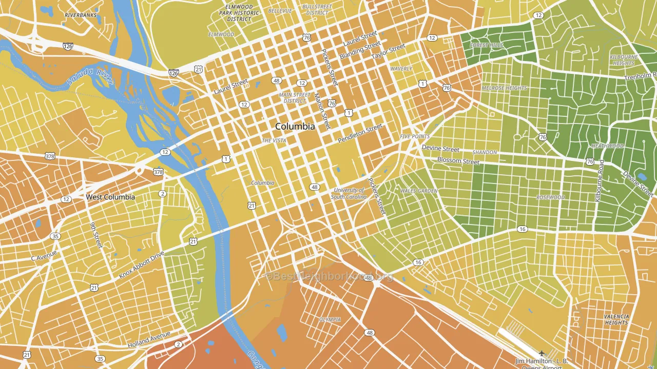 Map of the best neighborhoods in the Downtown Columbia, Columbia area, with better matches in green and worse matches in red