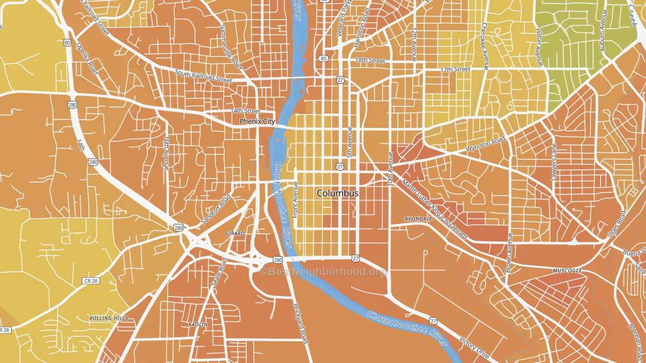 Map of the best neighborhoods in the Downtown Columbus, Columbus area, with better matches in green and worse matches in red