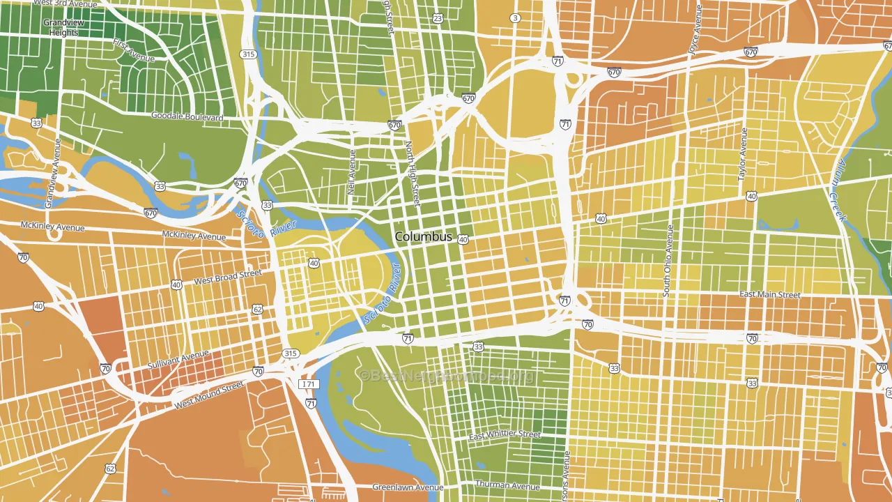 Map of the best neighborhoods in the Downtown Columbus, Columbus area, with better matches in green and worse matches in red