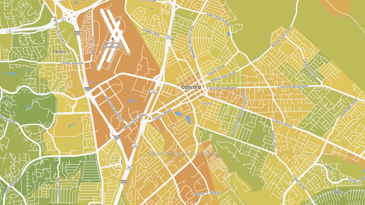 Map of the best neighborhoods in the Downtown Concord, Concord area, with better matches in green and worse matches in red