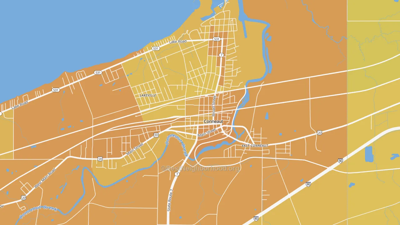 Map of the best neighborhoods in the Downtown Conneaut, Conneaut area, with better matches in green and worse matches in red
