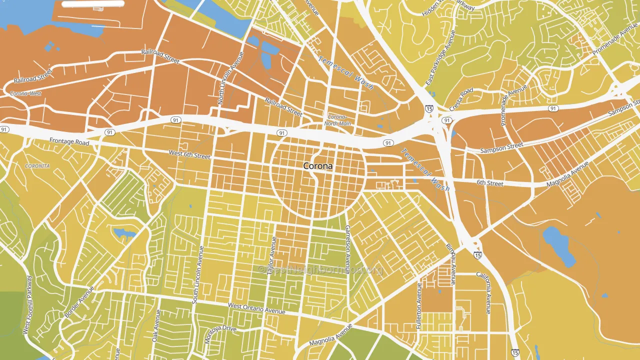 Map of the best neighborhoods in the Downtown Corona, Corona area, with better matches in green and worse matches in red