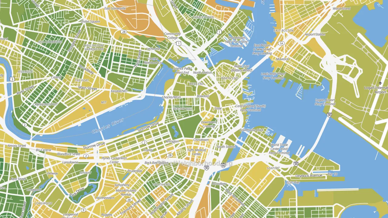 Map of the best neighborhoods in the Downtown Crossing, Boston area, with better matches in green and worse matches in red