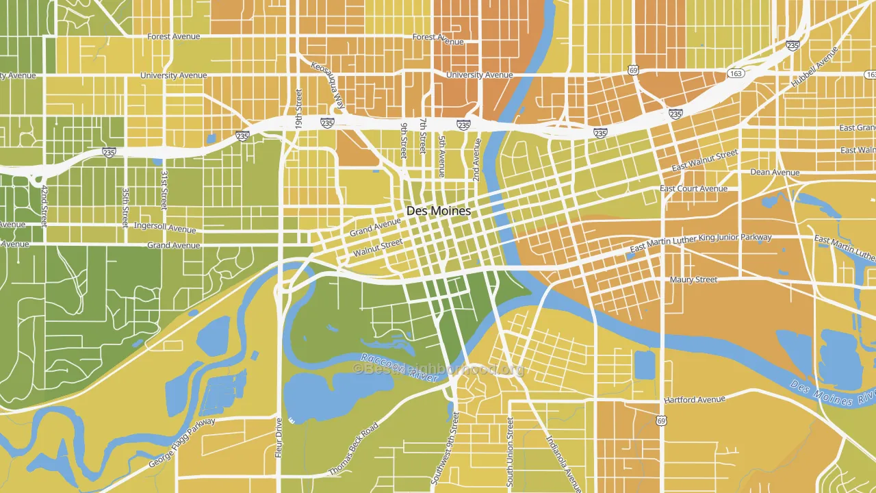 Map of the best neighborhoods in the Downtown Des Moines, Des Moines area, with better matches in green and worse matches in red