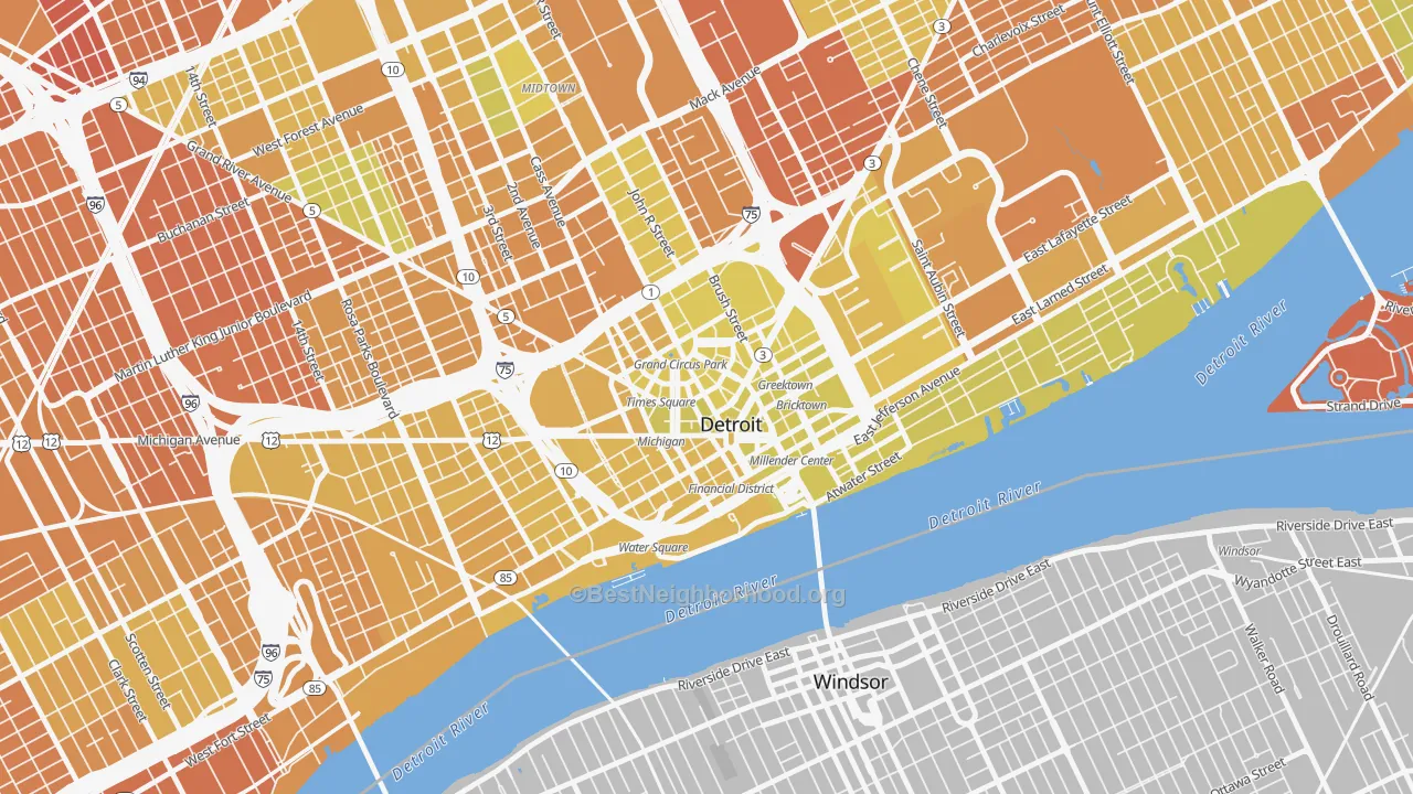Map of the best neighborhoods in the Downtown Detroit, Detroit area, with better matches in green and worse matches in red