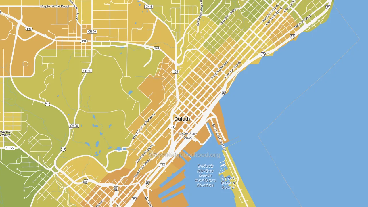 Map of the best neighborhoods in the Downtown Duluth, Duluth area, with better matches in green and worse matches in red