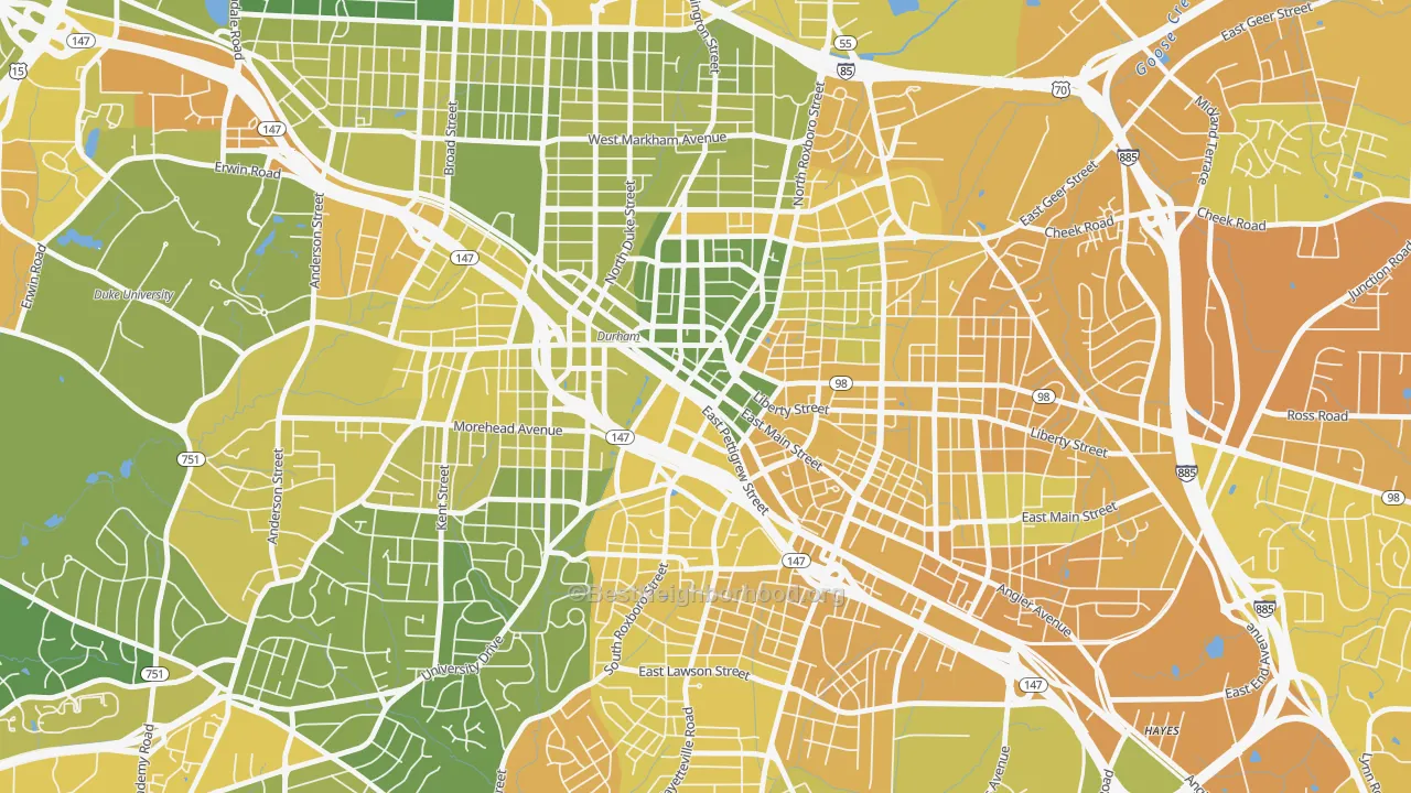 Map of the best neighborhoods in the Downtown Durham, Durham area, with better matches in green and worse matches in red